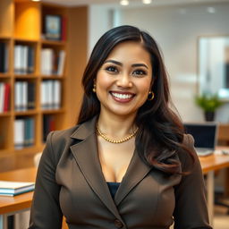 A beautiful woman from Bengkulu, Indonesia, with a large bust, elegantly dressed in a modest outfit that reflects both her intelligence and her successful nature