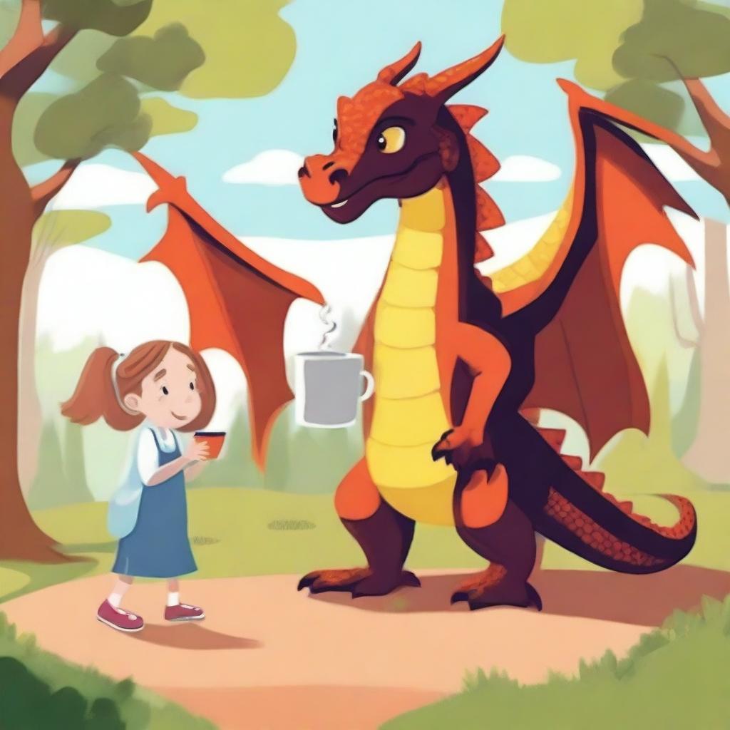 A dragon strolling through the park with a cup of coffee in its claw, accompanied by two little girls.