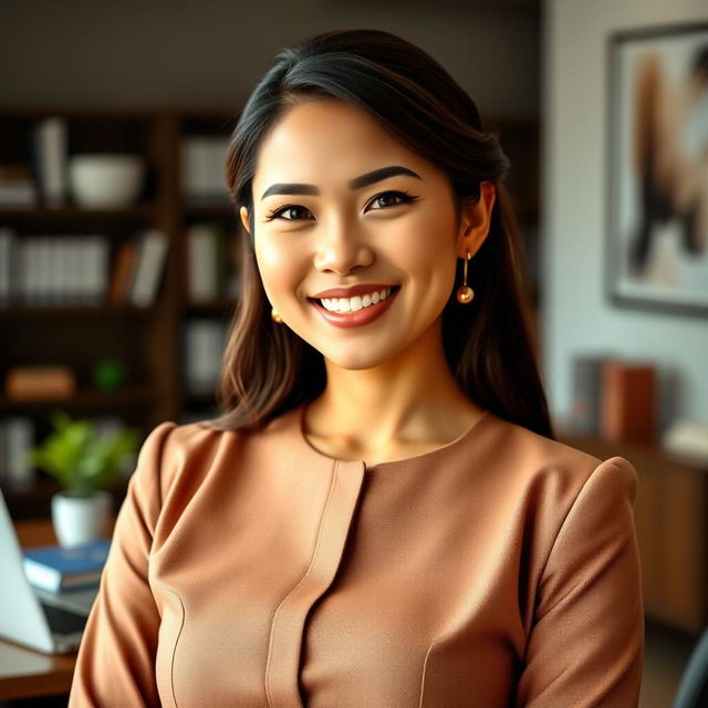 A beautiful woman from Bengkulu, Indonesia, with a large bust, elegantly dressed in a modest outfit that reflects both her intelligence and her successful nature