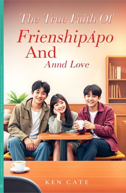 A vibrant and engaging book cover showcasing three Korean friends seated together in a cozy café setting