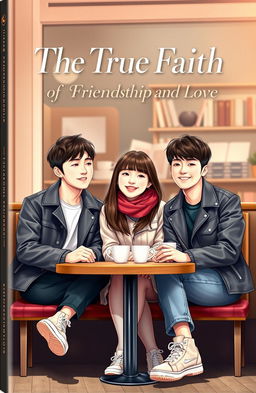 A vibrant and engaging book cover showcasing three Korean friends seated together in a cozy café setting