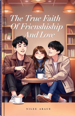 A vibrant and engaging book cover showcasing three Korean friends seated together in a cozy café setting