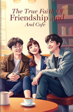 A vibrant and engaging book cover showcasing three Korean friends seated together in a cozy café setting