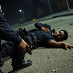 A dramatic scene depicting a dark-skinned body lying on the ground, portraying a moment of tension and urgency