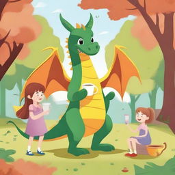 A dragon strolling through the park with a cup of coffee in its claw, accompanied by two little girls.