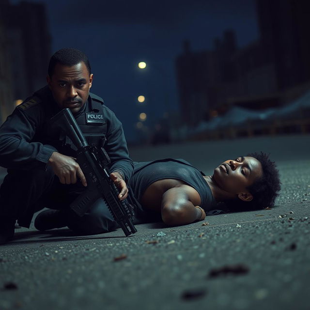 A dramatic scene depicting a dark-skinned body lying on the ground, portraying a moment of tension and urgency