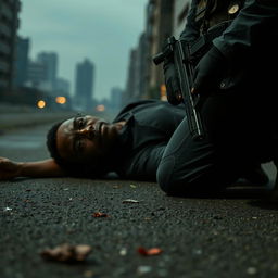 A dramatic scene depicting a dark-skinned body lying on the ground, portraying a moment of tension and urgency