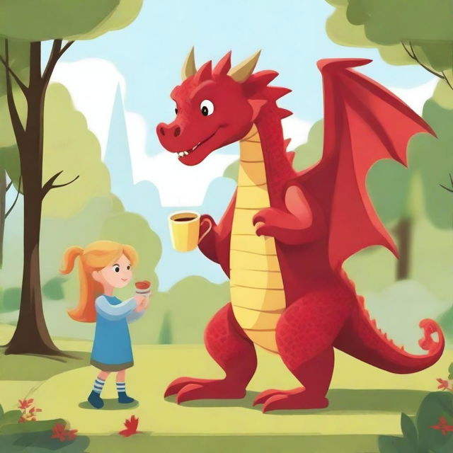 A dragon strolling through the park with a cup of coffee in its claw, accompanied by two little girls.