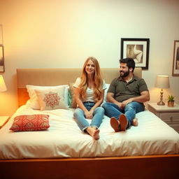 A girl sitting on a neatly made bed in a bright, well-decorated bedroom