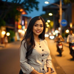 A beautiful woman from Yogyakarta, Indonesia, with a large bust, elegantly dressed in a modest outfit that embodies her intelligence and success
