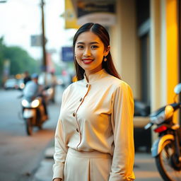 A beautiful woman from Yogyakarta, Indonesia, with a large bust, elegantly dressed in a modest outfit that embodies her intelligence and success