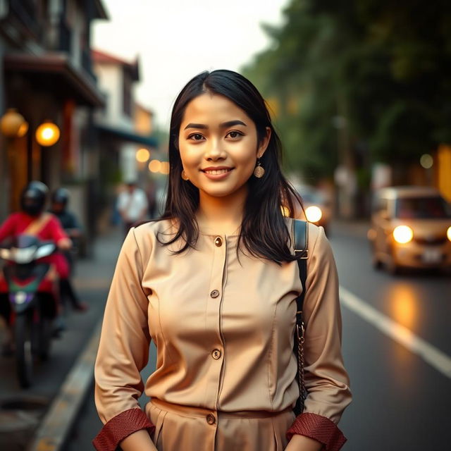 A beautiful woman from Yogyakarta, Indonesia, with a large bust, elegantly dressed in a modest outfit that embodies her intelligence and success