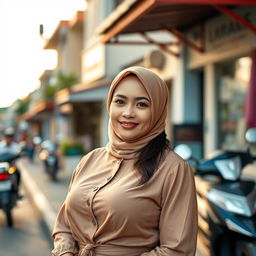 A beautiful woman from Yogyakarta, Indonesia, with a large bust, elegantly dressed in a modest outfit that embodies her intelligence and success
