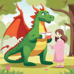 A dragon strolling through the park with a cup of coffee in its claw, accompanied by two little girls.