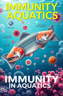 A vibrant and informative poster design for the book titled 'Immunity in Aquatics'