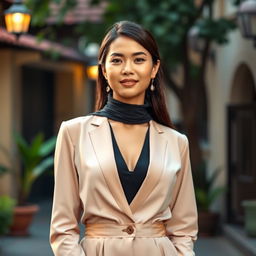 A beautiful mixed-heritage woman from Yogyakarta, Indonesia, with a large bust, elegantly dressed in a modest yet stylish outfit that showcases her intelligence and success