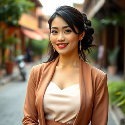 A beautiful mixed-heritage woman from Yogyakarta, Indonesia, with a large bust, elegantly dressed in a modest yet stylish outfit that showcases her intelligence and success