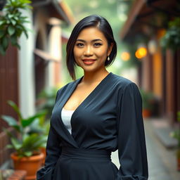 A beautiful mixed-heritage woman from Yogyakarta, Indonesia, with a large bust, elegantly dressed in a modest yet stylish outfit that showcases her intelligence and success