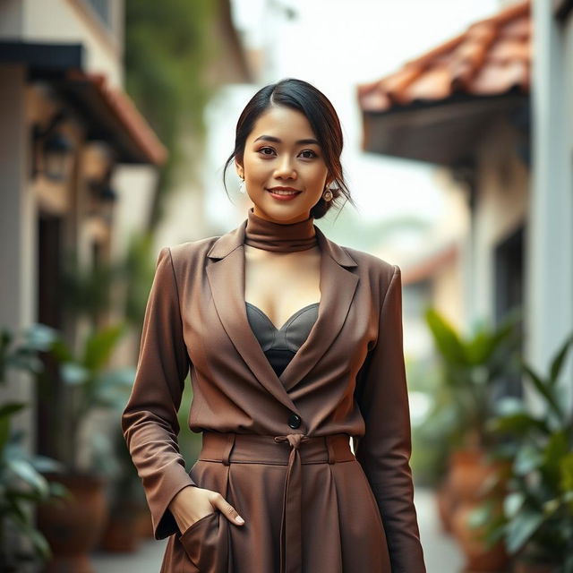 A beautiful mixed-heritage woman from Yogyakarta, Indonesia, with a large bust, elegantly dressed in a modest yet stylish outfit that showcases her intelligence and success