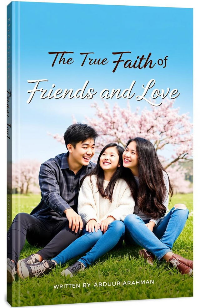 A heartwarming book cover for 'The True Faith Of Friendship And Love' featuring three Korean friends sitting closely together, conveying a strong sense of camaraderie