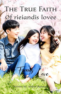 A heartwarming book cover for 'The True Faith Of Friendship And Love' featuring three Korean friends sitting closely together, conveying a strong sense of camaraderie