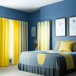 A vibrant bedroom with a theme of blue and yellow colors. The room features blue walls, yellow accents in the form of bed sheets, pillows and curtains. Subtle hints of these colors may also be found in the decor pieces.