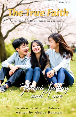 A heartwarming book cover for 'The True Faith Of Friendship And Love' featuring three Korean friends sitting closely together, conveying a strong sense of camaraderie