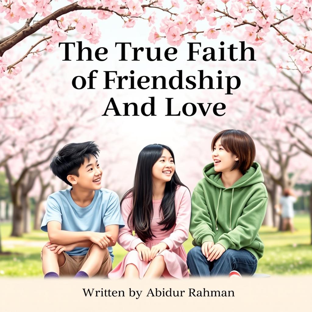 A charming book cover for 'The True Faith Of Friendship And Love' that depicts three Korean friends enjoying each other's company