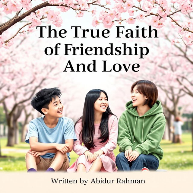 A charming book cover for 'The True Faith Of Friendship And Love' that depicts three Korean friends enjoying each other's company