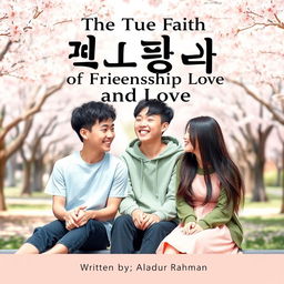 A charming book cover for 'The True Faith Of Friendship And Love' that depicts three Korean friends enjoying each other's company