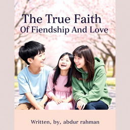 A charming book cover for 'The True Faith Of Friendship And Love' that depicts three Korean friends enjoying each other's company