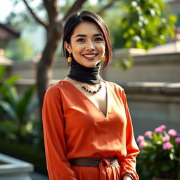 A beautiful mixed-heritage woman from Yogyakarta, Indonesia, with Central Asian roots, showcasing a large bust