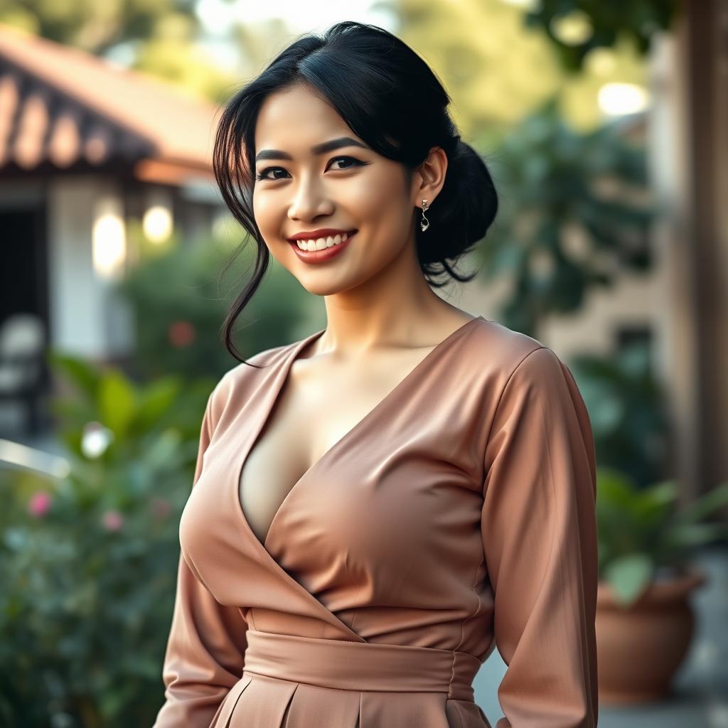 A beautiful mixed-heritage woman from Yogyakarta, Indonesia, with Central Asian roots, showcasing a large bust