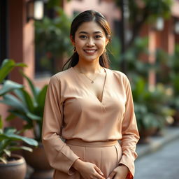 A beautiful mixed-heritage woman from Yogyakarta, Indonesia, with Central Asian roots, showcasing a large bust