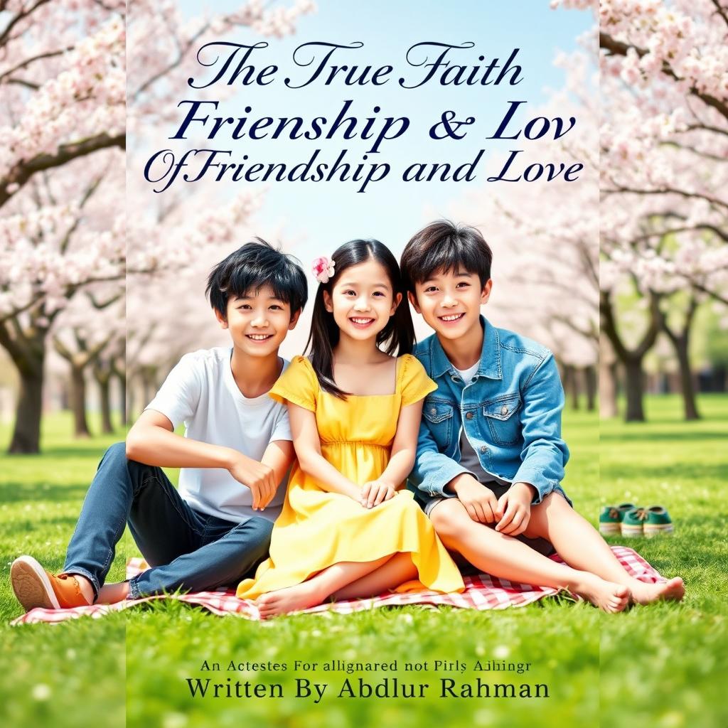 A vibrant book cover for 'The True Faith Of Friendship And Love' depicting three Korean friends seated together, exuding warmth and joy