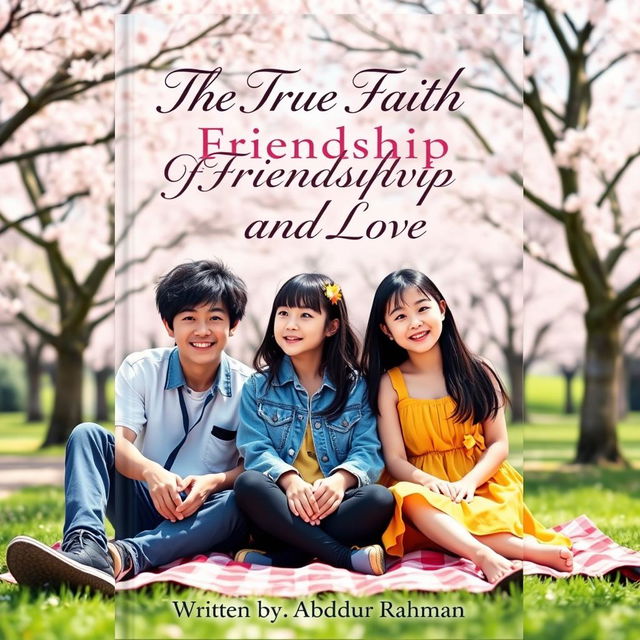 A vibrant book cover for 'The True Faith Of Friendship And Love' depicting three Korean friends seated together, exuding warmth and joy