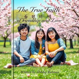 A vibrant book cover for 'The True Faith Of Friendship And Love' depicting three Korean friends seated together, exuding warmth and joy