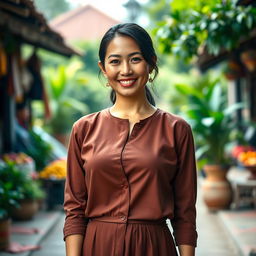 A beautiful mixed-heritage woman from Solo, Indonesia, with Central Asian roots, featuring a large bust