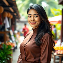 A beautiful mixed-heritage woman from Solo, Indonesia, with Central Asian roots, featuring a large bust