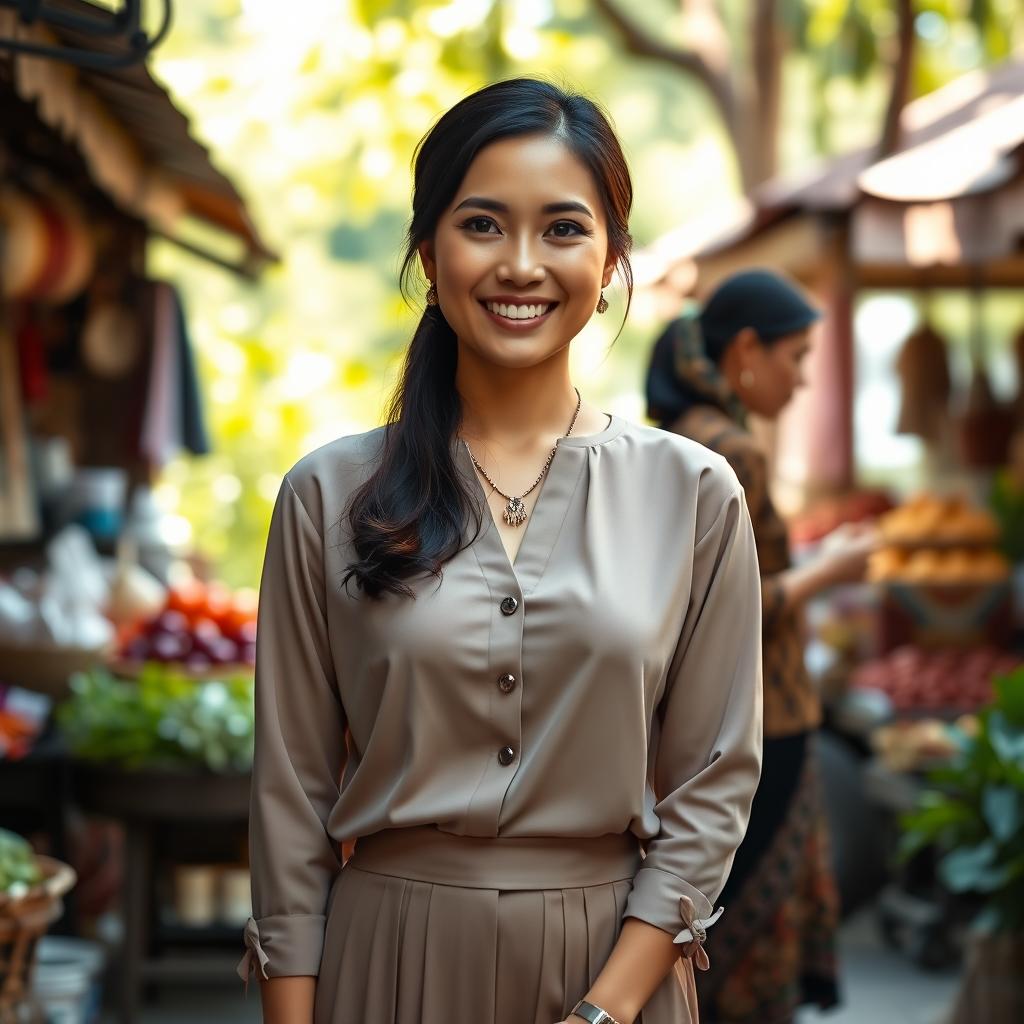 A beautiful mixed-heritage woman from Solo, Indonesia, with Central Asian roots, featuring a large bust