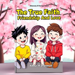 An enchanting book cover for 'The True Faith Of Friendship And Love' featuring three animated Korean characters: two boys and one girl