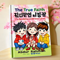 An enchanting book cover for 'The True Faith Of Friendship And Love' featuring three animated Korean characters: two boys and one girl