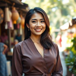 A beautiful mixed-heritage woman from Solo, Indonesia, with European roots, showcasing a large bust