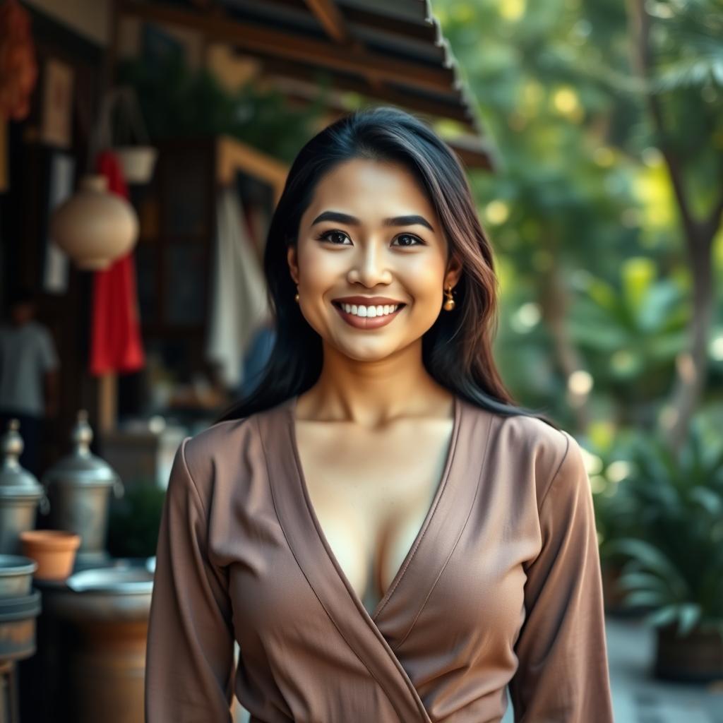 A beautiful mixed-heritage woman from Solo, Indonesia, with European roots, showcasing a large bust