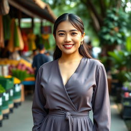 A beautiful mixed-heritage woman from Solo, Indonesia, with European roots, showcasing a large bust
