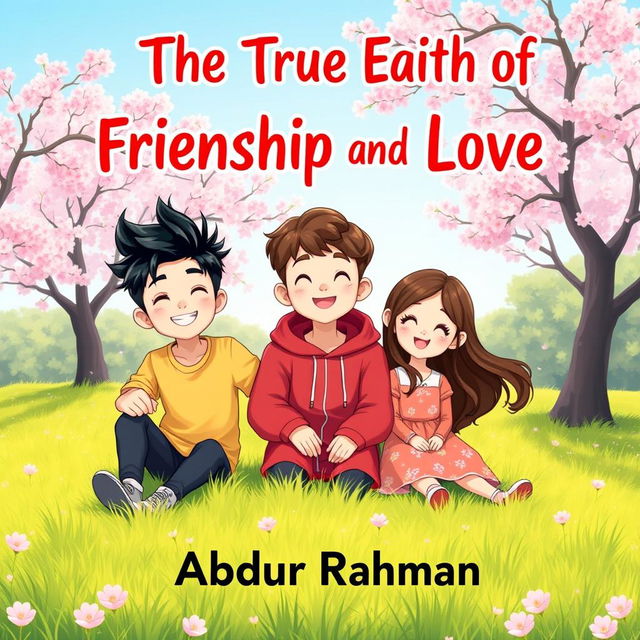 An enchanting book cover for 'The True Faith Of Friendship And Love' featuring three animated Korean characters: two handsome boys and one beautiful girl