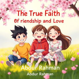 An enchanting book cover for 'The True Faith Of Friendship And Love' featuring three animated Korean characters: two handsome boys and one beautiful girl