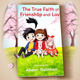 An enchanting book cover for 'The True Faith Of Friendship And Love' featuring three animated Korean characters: two handsome boys and one beautiful girl