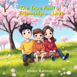 An enchanting book cover for 'The True Faith Of Friendship And Love' featuring three animated Korean characters: two handsome boys and one beautiful girl