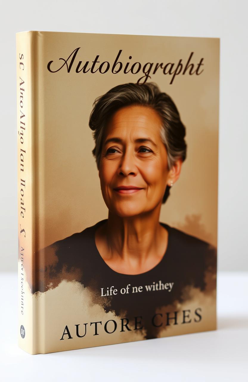 A captivating book cover for an autobiography, featuring a thoughtful and introspective portrait of an adult subject with a warm expression, surrounded by an abstract background that symbolizes their life journey